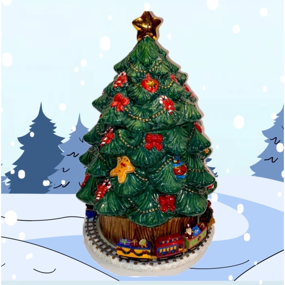 Treasure Craft Ceramic Christmas Tree Cookie Jar With Musical Wind Up Train